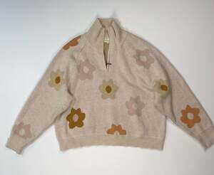 ROOLEE Petal Pusher Flower Quarter Zip Sweater Cream Size XL